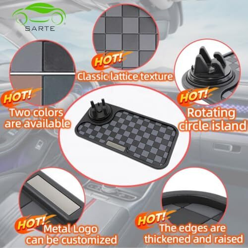 Sarte Car Dashboard Mat Anti-Slip Rubber Pad With Phone Holder Universal Non Slip Car Dashboard Sticky Adhesive Mat For Phones Sunglasses Keys(Black/Grey) Chess Design (Black/Grey)