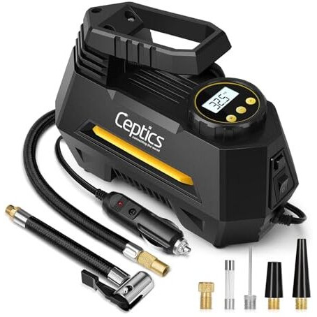 Ceptics Tyre Inflator For Car Compressor Air Pump - 12V Dc Auto Pump With Digital Pressure Gauge, 150Psi With Emergency Led Light For Bicycle, Balloons, Bikes