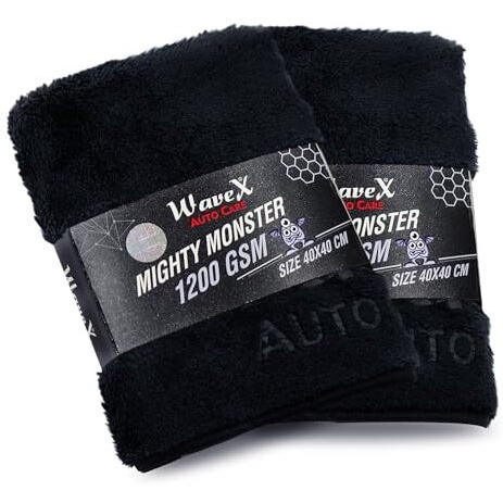 Wavex Microfiber Car Cleaning Cloths, Upgraded 1200Gsm Ultra-Thick Cars Drying Towel Microfiber Cloth For Car And Home 16'' X 16" (Pack Of 2), Black