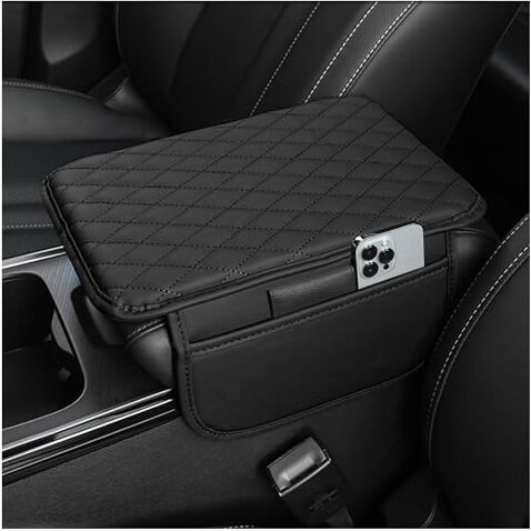 Sthira Car Center Console Armrest Cover Pad Fashion Pu Leather Car Armrest Cushion Universal Fit For Suv/Truck/Car, Auto Armrest Seat Box Cover With 2 Mobile Pockets, Ergonomic Comfort & Easy Install