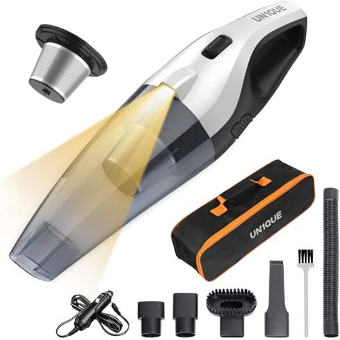 Un1Que Car Vacuum Cleaner, 6000Pa Powerful Suction, Vacuum Cleaner For Car Use With Dc 12V & Led Light, Hepa Filter Cars Vacuum 450Ml Dustbin, 3 Nozzles, 4M Power Cord With Storage Bag Black