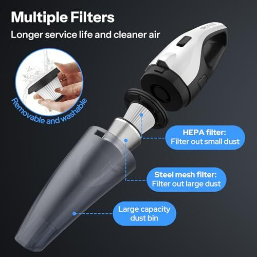 Un1Que Car Vacuum Cleaner, 6000Pa Powerful Suction, Vacuum Cleaner For Car Use With Dc 12V & Led Light, Hepa Filter Cars Vacuum 450Ml Dustbin, 3 Nozzles, 4M Power Cord With Storage Bag Black
