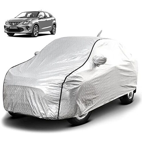 Fabtec Waterproof Car Body Cover For Maruti Baleno With Mirror And Antenna Pocket, Soft Cotton Lining, Triple Stitched (Heat Resistant Metallic Silver With Black Piping)