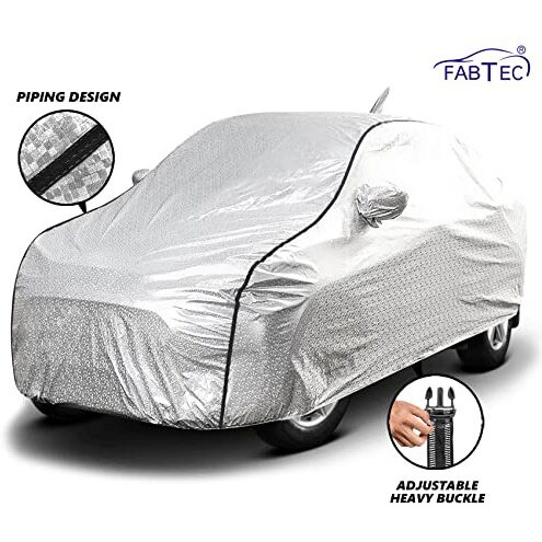 Fabtec Waterproof Car Body Cover For Maruti Baleno With Mirror And Antenna Pocket, Soft Cotton Lining, Triple Stitched (Heat Resistant Metallic Silver With Black Piping)