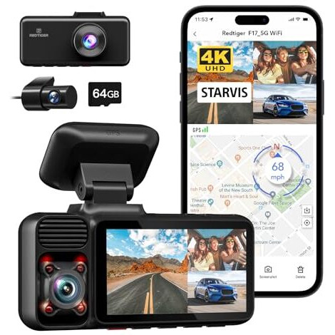 Redtiger 4K 3 Channel Dash Cam 5G Wifi Built-In Gps, Free 64Gb Card, 2160P+1080P+1080P Front And Rear Inside Loop Recording, Triple Car Camera With 3 Inch Screen, Ir Night View, Wdr, Parking Mode