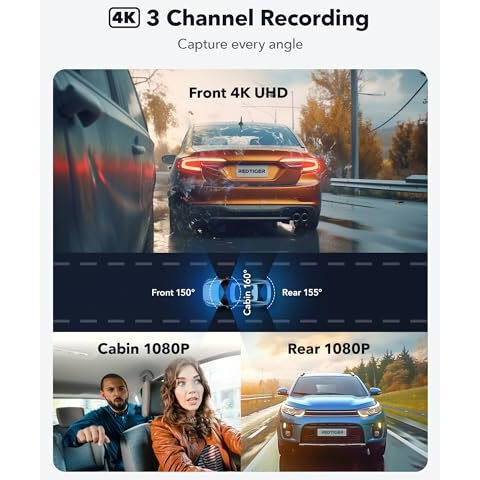 Redtiger 4K 3 Channel Dash Cam 5G Wifi Built-In Gps, Free 64Gb Card, 2160P+1080P+1080P Front And Rear Inside Loop Recording, Triple Car Camera With 3 Inch Screen, Ir Night View, Wdr, Parking Mode