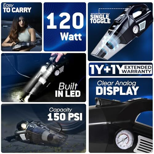 Woscherr 578 2In1 Tyre Inflator For Car & Car Vacuum Cleaner, Dc12V|150 Psi Air Pump For Car Tyre|120 Watt Car Vacuum Cleaner High Power 5500Pa Handheld & Led Light, Long Power Chord For Wet/Dry Use