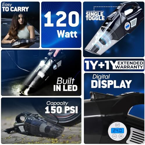 Woscherr 578D 2In1 Tyre Inflator For And Car Vacuum Cleaner, Dc12V|150 Psi Digital Air Pump For Car Tyre|120 Watt Car Vacuum Cleaner High Power 5500Pa Handheld|Led Light| Auto Shut Off| Wet/Dry Use