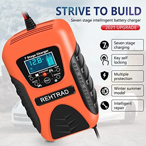 Rehtrad Fully Automatic Car Battery Charger 7A 12VBike Battery Charger,Suitable For Most Battery Types, Including Calcium, Gel, Agm, Wet Lead-Acid Batteries