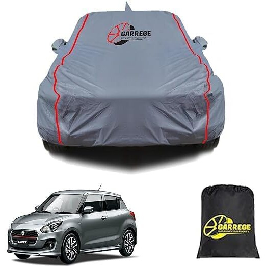 Garrege Maruti New Swift Waterproof Car Body Cover With Mirror And Anteena Packets 150 Gsm Grey Fabric With Piping Style For All Weather Protection Car Cover