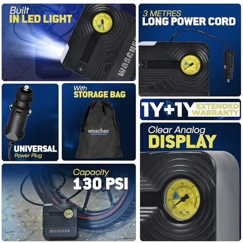 Woscherr Tyre Inflator For Car 12V Car Port 130Psi Portable Air Compressor For Cars, Bikes, Motorcycles, Balls, And Inflatables| Woscher Perfume & Bag Included