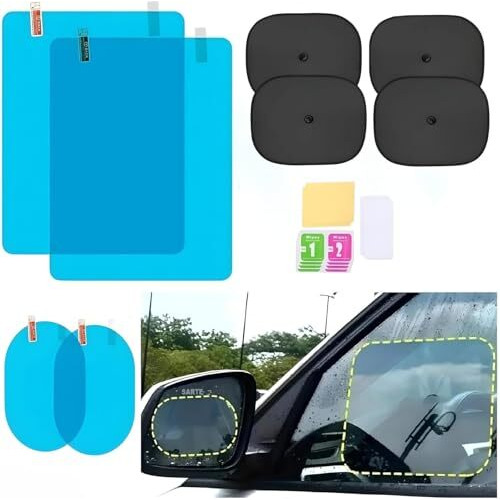 Detachi Anti Fog Film & Sun Shade Combo For Car Windows - Universal Fit, Waterproof, Anti Glare, Scratch Resistant, Rainproof Protection For Safe Driving - 2Pc Oval, 2Pc Square, 4Pc Sun Shade