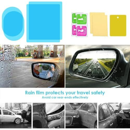 Detachi Anti Fog Film & Sun Shade Combo For Car Windows - Universal Fit, Waterproof, Anti Glare, Scratch Resistant, Rainproof Protection For Safe Driving - 2Pc Oval, 2Pc Square, 4Pc Sun Shade