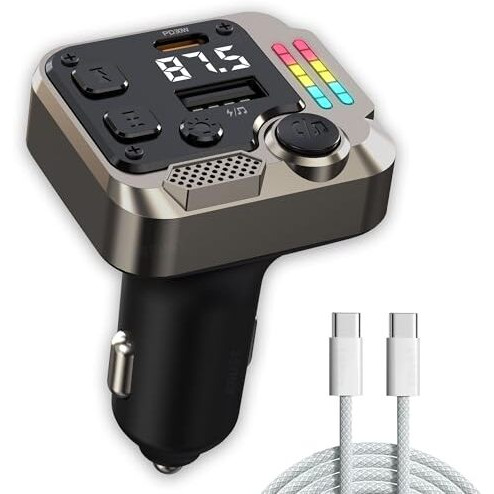 Crust Cs60 Car Bluetooth Receiver Device For Music System, Fm Transmitter, Big Mic For Hands-Free Calling, 45W Pd/Usb Fast Car Charger, Bt V5.3, Music-Sync Lights, Usb Mp3 Playback, Metal Rim Design