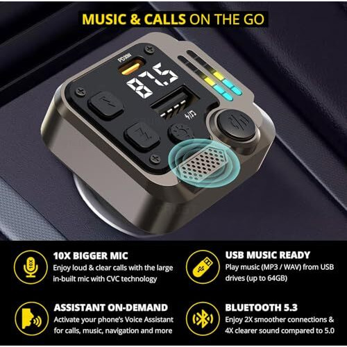 Crust Cs60 Car Bluetooth Receiver Device For Music System, Fm Transmitter, Big Mic For Hands-Free Calling, 45W Pd/Usb Fast Car Charger, Bt V5.3, Music-Sync Lights, Usb Mp3 Playback, Metal Rim Design