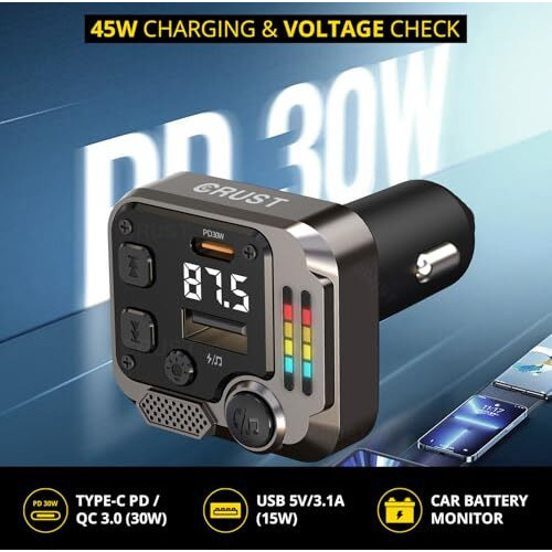 Crust Cs60 Car Bluetooth Receiver Device For Music System, Fm Transmitter, Big Mic For Hands-Free Calling, 45W Pd/Usb Fast Car Charger, Bt V5.3, Music-Sync Lights, Usb Mp3 Playback, Metal Rim Design
