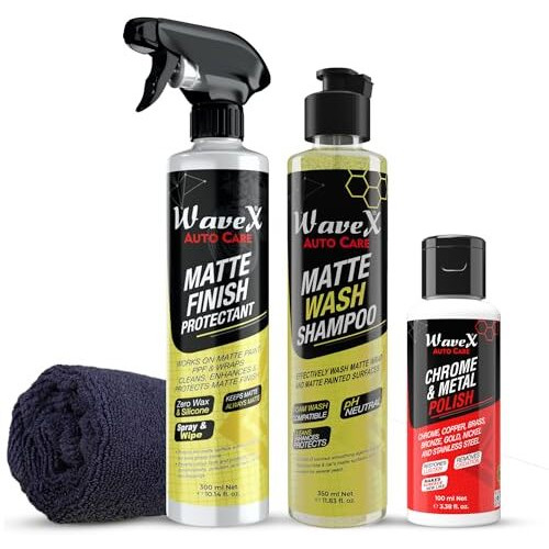 Wavex Matte Finish Maintainer 300Ml Combo | Wash, Clean, Protect And Maintain Matte Bikes & Cars | Consists Of Matte Wash Shampoo, Maintainer, Microfiber, Chrome & Metal Polish