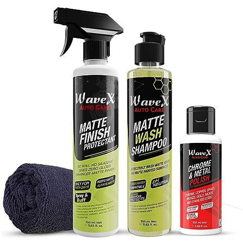 Wavex Matte Finish Maintainer 300Ml Combo | Wash, Clean, Protect And Maintain Matte Bikes & Cars | Consists Of Matte Wash Shampoo, Maintainer, Microfiber, Chrome & Metal Polish