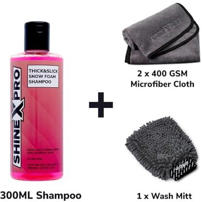 Shinexpro Foam Car Wash Shampoo With 2Pcs 400Gsm Microfiber Cloth & Wash Mitt - Thick Foam With Shine Enhancing Formula
