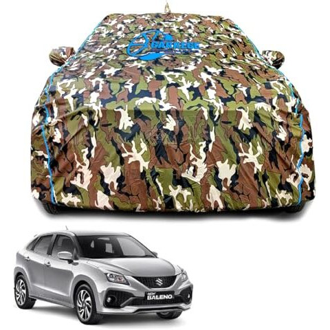GarregeWaterproof Car Body Cover For Maruti Baleno All Models With Mirror And Antenna Pocket And Soft Cotton Lining (Full Bottom Elastic Triple Stitched)(Jungle Print With Blue Piping)