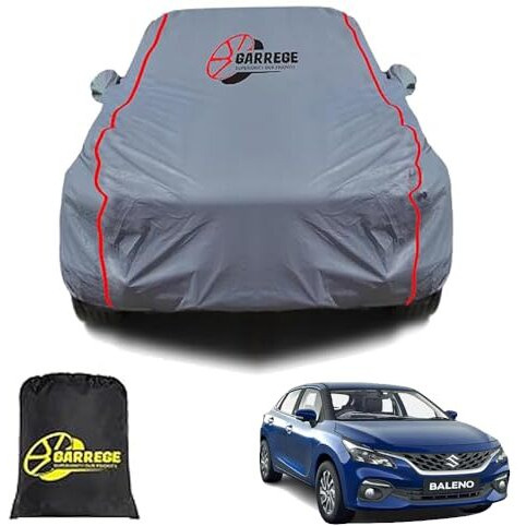 Garrege Baleno Car Cover All Model Waterproof All Weather,Outdoor Full Cover Rain Sun Uv Protection With Inner Side Ultra Soft Cotton 4 Layers With Blue&Red Piping&Mirror With Anteena Packet For Car