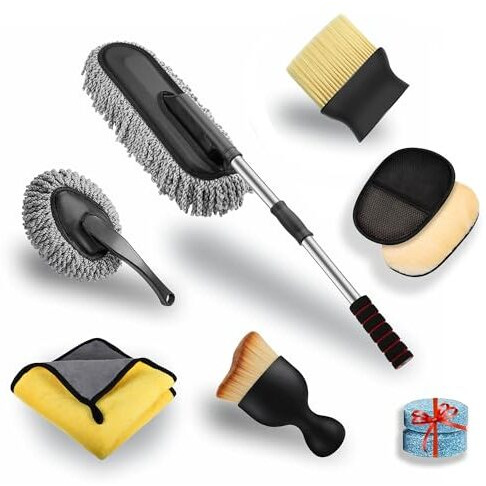 H Hanumant Enterprise 7 Pcs Microfiber Car Duster Kit|Interior & Exterior Car Cleaning Detailing Tool|Scratch & Lint Free, Pollen Removing|Extendable Long Handle Duster For Car, Suv, & Motorcycle