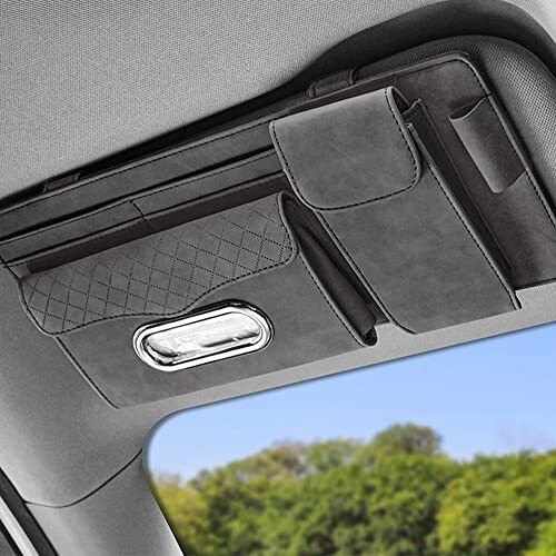 Automaze Suede Sun Visor Organizer Tissue Napkin Box Holder, With Sunglass Pocket, Card Slot, Pen Holder (Gray)