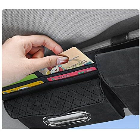 Automaze Suede Sun Visor Organizer Tissue Napkin Box Holder, With Sunglass Pocket, Card Slot, Pen Holder (Gray)
