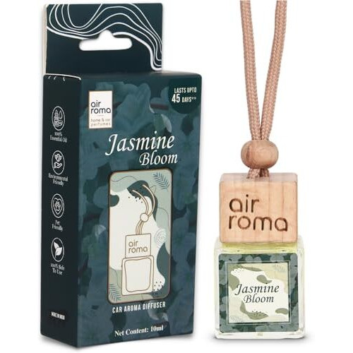 Air Roma Jasmine Bloom Car Perfume Hanging Pod 10Ml | Natural Essential Premium Fragrance Oils In Glass Bottle With Wooden Diffuser Lid | Long Lasting Car Air Freshener Scent | Lasts Up To 45 Days