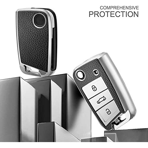 Jvcv Premium Soft Tpu Leather Pattern Key Cover Compatible With Skoda Kylaq Slavia Kushaq Taigun Tiguan Virtus Octavia Kodiaq Superb Folding Key (Silver)