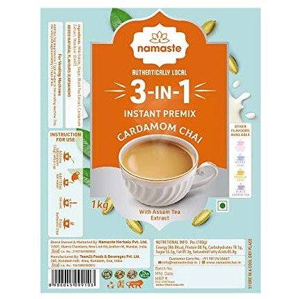 Namaste Chai Instant Tea Premix| Value Pack | Easy To Make Tea | Ready Mix (1 Kg, Powder) (Cardamom Tea)
