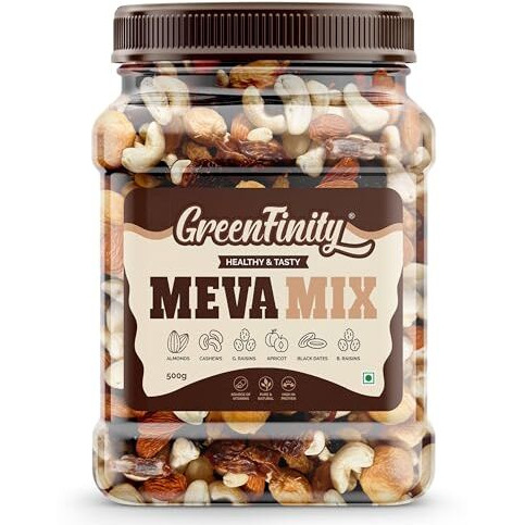 Greenfinity Meva Mix - Almonds, Cashews, Green And Black Raisins, Apricot, Black Dates | Rich In Protein, Fiber, Antioxidants | Mixed Dry Fruits For Immunity, Weight Management, Festive Gifting (500G)