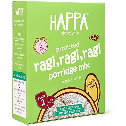 Happa Organic Baby Food Sprouted Ragi + Cardammon Porridge Mix Cereal|Calcium Booster - Bone Strength|Instant Health Food|100% Natural, Organic Healthy Khichdi|200 Gram|1 Count