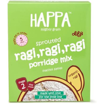 Happa Organic Baby Food Sprouted Ragi + Cardammon Porridge Mix Cereal|Calcium Booster - Bone Strength|Instant Health Food|100% Natural, Organic Healthy Khichdi|200 Gram|1 Count