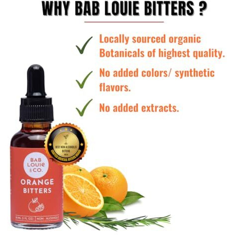 Bab Louie & Co. Orange Bitters For Cocktails, India's First Non-Alcoholic Award Winning Bitters, 100% Natural Made With Real Fruits, Herbs & Spices, Fresh Citrus Notes, Manhattan, Negroni, Sidecar, Gin And Tonic, Cocktails & Mocktails, Zero Preservatives, Zero Sugar, 30Ml