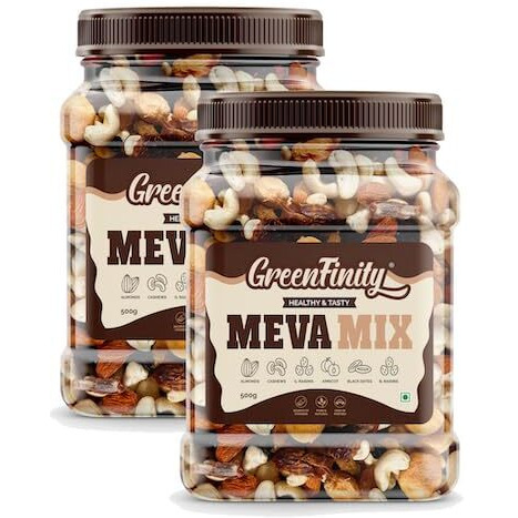Greenfinity Meva Mix - Almonds, Cashews, Green And Black Raisins, Apricot, Black Dates | Rich In Protein Fiber | Mixed Dry Fruits For Immunity, Weight Management, Festive Gifting (500G Each-Pack Of 2)