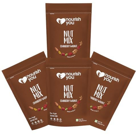 Nourish You Cranberry Walnut Superfood Nut Mix - Dried Cranberries | Walnuts | Almonds | Black Raisins | Pumpkin Seeds - Healthy Snack-250 Gm (Each) (Pack Of 4)
