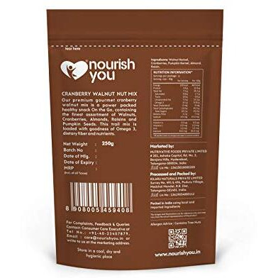 Nourish You Cranberry Walnut Superfood Nut Mix - Dried Cranberries | Walnuts | Almonds | Black Raisins | Pumpkin Seeds - Healthy Snack-250 Gm (Each) (Pack Of 4)