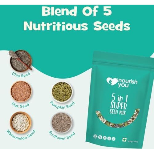 Nourish You 5 In 1 Super Seed Mix (Roasted Pumpkin | Sunflower | Watermelon | Chia & Flax Seeds)- Mix Seeds | Healthy Diet Snacks 200G Each (Pack Of 3)