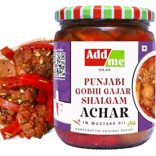 Add Me Sweet & Sour Mixed Pickle Of Gobhi Shalgam Gajar Pickle, 600Gm Home Made Punjabi North Indian Pickle Of Carrot, Cauliflower & Turnip With Onion And Garlic 600 G Glass Pack