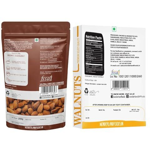 Wonderland Foods 400G (200G X 2) Dry Fruits Combo Pack Of Almond (200G) And Walnut Kernels (200G)