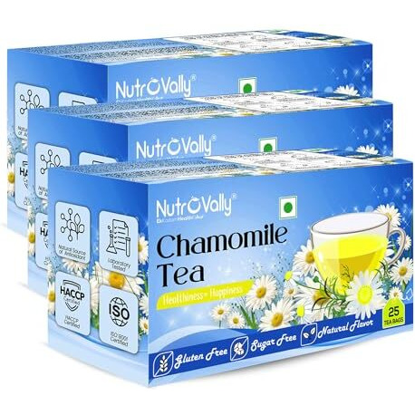 Nutrovally Chamomile Tea For Stress Relief | 100% Better Sleep & Calming Loose Leaves Chamomile Green Tea Bags Box (3 X 25 Bags)(Pack Of 3)