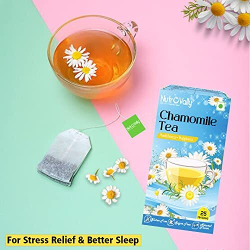 Nutrovally Chamomile Tea For Stress Relief | 100% Better Sleep & Calming Loose Leaves Chamomile Green Tea Bags Box (3 X 25 Bags)(Pack Of 3)