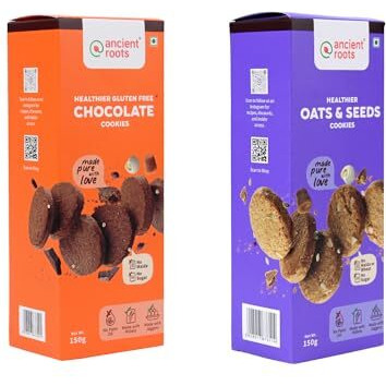 Ancient Roots Combo Of Oats & Seeds Cookies And Chocolate Cookies - 150G Of Each (Pack 2) / Delicious Biscuits (16-18 Pcs) / For Healthy Snacks/Breakfast / Best Paired With Tea & Coffee / No Maida / No Sugar / No Palm Oil /100% Butter & Jaggery Cookies