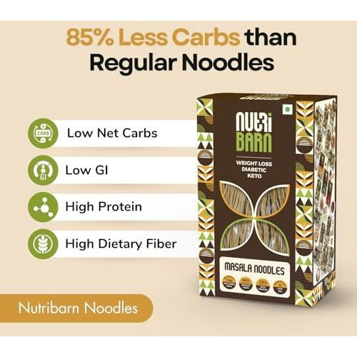 Nutribarn Keto Masala Noodles Spaghetti, 200 Gms (Pack Of 2), 3.8G Net Carb & 23% High Protein/Serving, Identical To Regular Noodles, Low Carb, High Fibre, Low Gi, Keto Diet, Diabetic Friendly