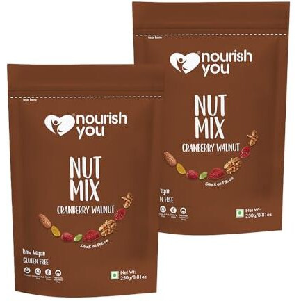 Nourish You Cranberry Walnut Superfood Nut Mix-250G, Dried Cranberries | Walnuts | Almonds | Black Raisins | Pumpkin Seeds Healthy Snack (250Gm Each) (Pack Of 2)