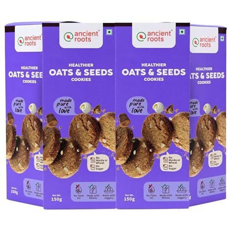 Ancient Roots Oats Ad Seeds Cookies | Tea Biscuits, Breakfast Snacks For Kids 600 Gm (150Gm X 4) | Made With Millet Flours, White Butter And Jaggery | No Maida And No Refined Sugar (Pack Of 4)