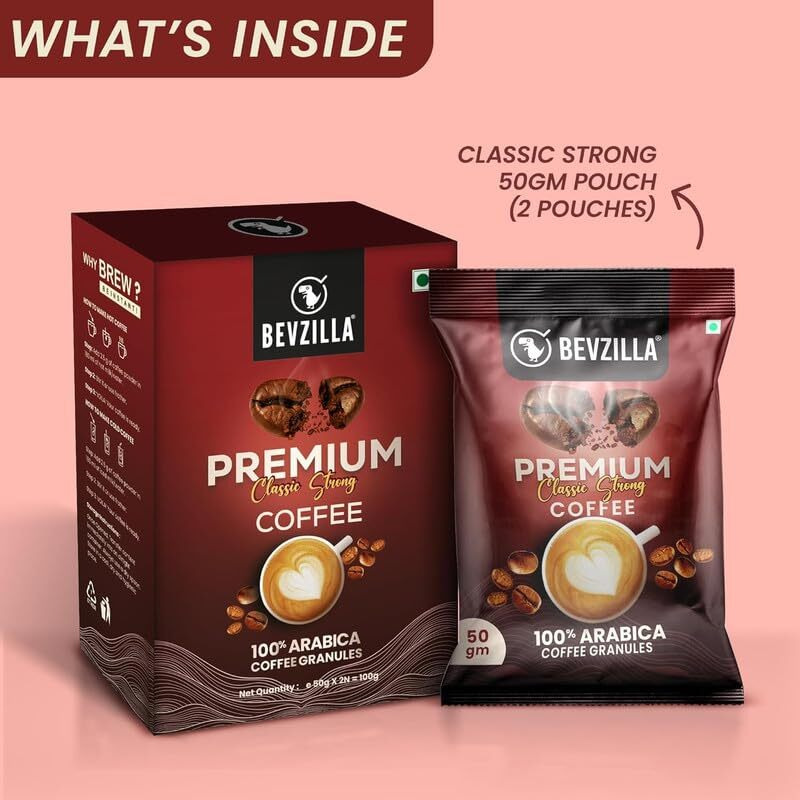 Bevzilla 2X50G Classic Strong Coffee Powder| Ideal For Espresso, Latte & Cappuccino | Perfect For Hot & Cold Coffee