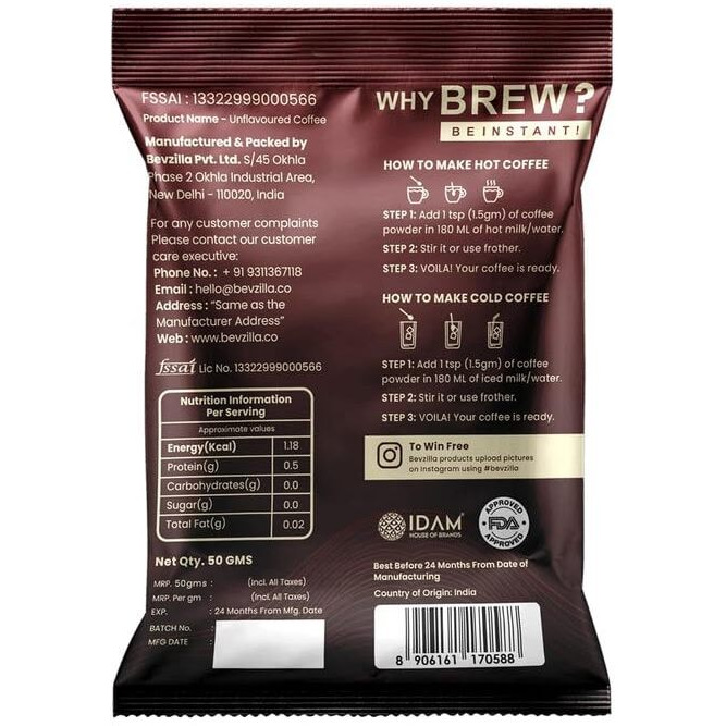 Bevzilla 50G Classic Strong Coffee Powder | Makes 25 Cups | Ideal For Espresso, Latte & Cappuccino | Perfect For Hot & Cold Coffee