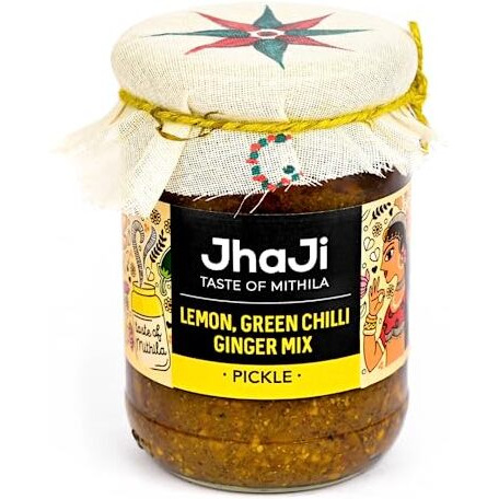 Jhaji Store's Lemon, Ginger & Green Chilli Pickle | Nimbu Mirchi Ka Achar | Tangy, Spicy & Sour | Homemade Lemon Pickle With Ginger & Green Chilli | Sun-Dried | No Preservatives | 500G Glass Jar